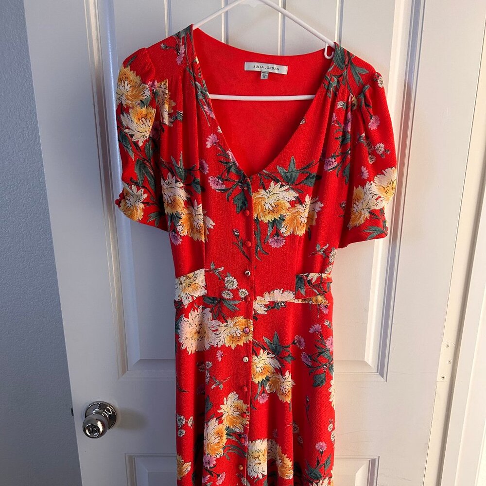 Midi Puff Sleeve A-Line Floral Dress in Size 6